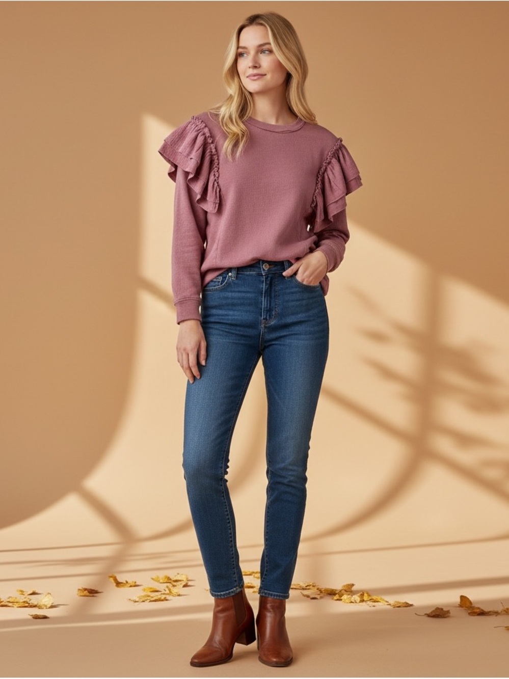 easel M Dusty Rose Ruffle-Sleeve Long Sleeve Top